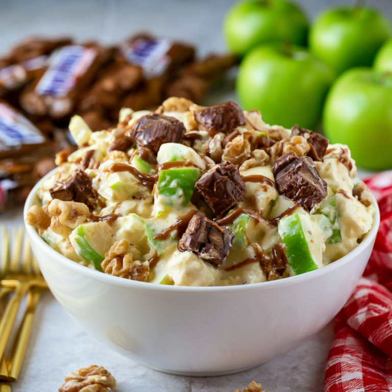 Apple Snicker Salad Recipe with apples, Snickers candy, and creamy pudding dessert