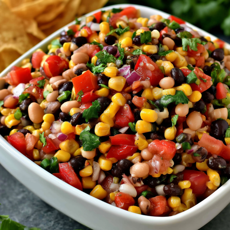 Colorful homemade Cowboy Caviar recipe served with tortilla chips
