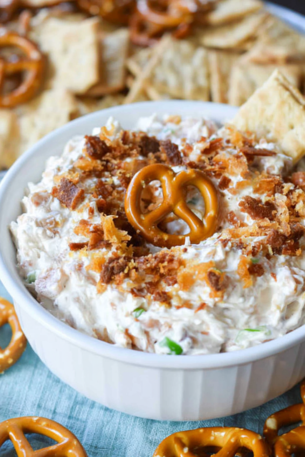Crack Pretzel Dip with bacon, cheddar cheese, and pretzels