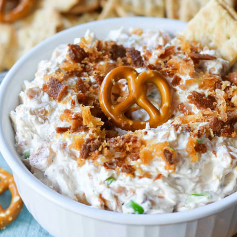 Crack Pretzel Dip with bacon, cheddar cheese, and pretzels