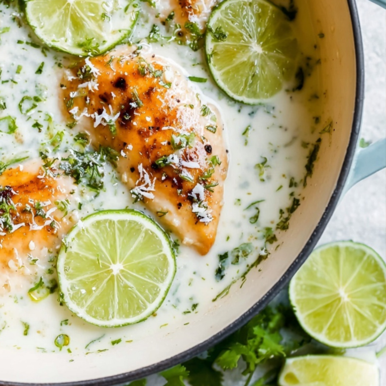 Coconut Lime Chicken with creamy coconut sauce, lime, and fresh cilantro in a skillet