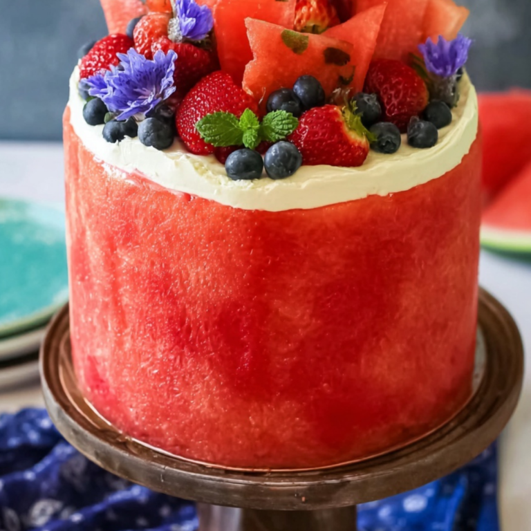 Fresh Watermelon Cake topped with whipped cream and fresh summer berries on a serving platter