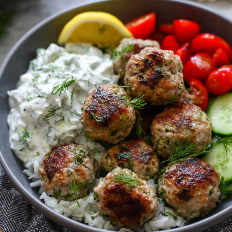 Healthy Greek Turkey Meatballs With Tzatziki served with creamy yogurt sauce