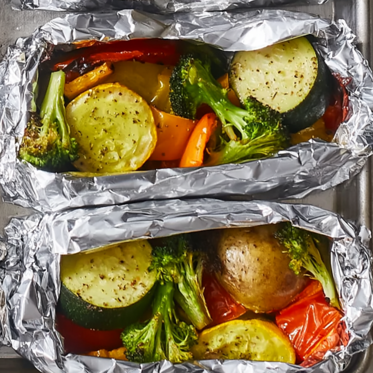Grilled Vegetables in Foil with fresh zucchini, peppers, and onions in a foil packet