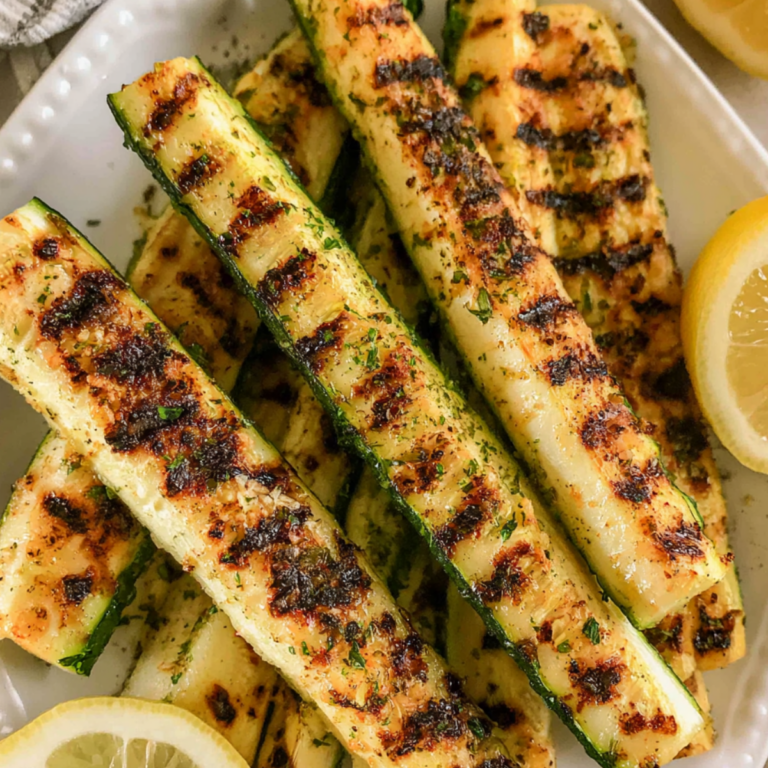 Perfectly Grilled Zucchini spears with herbs and golden grill marks