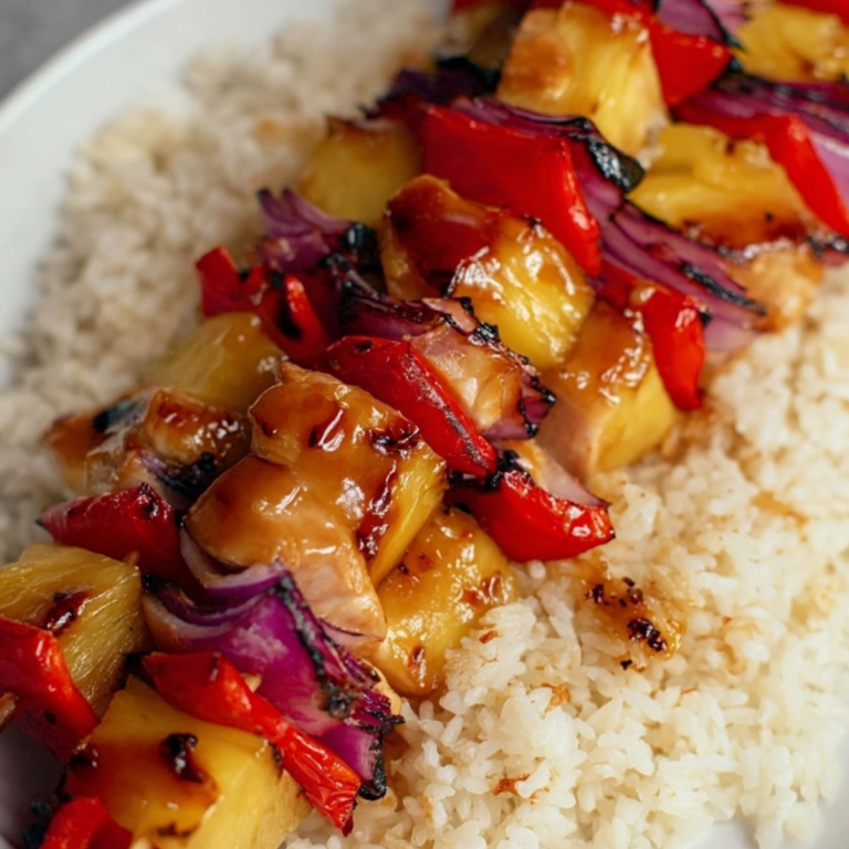 Hawaiian Chicken Kabobs with grilled chicken, pineapple, and colorful vegetables on skewers