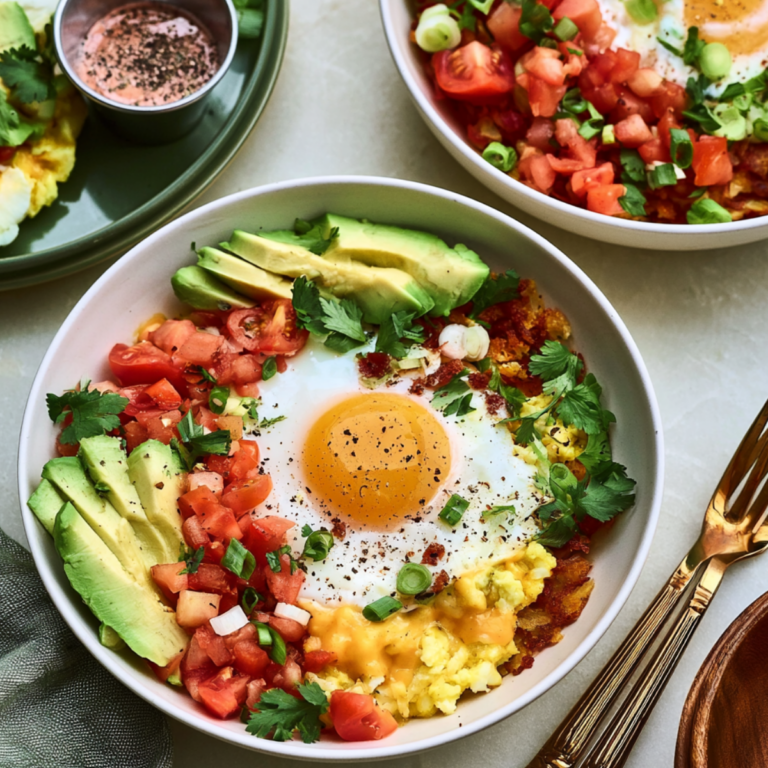 High Protein Egg & Hashbrown Breakfast Bowls with eggs, crispy hash browns, bacon, avocado, and toppings