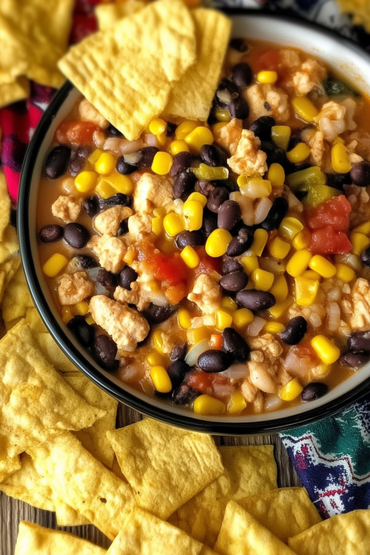 High Protein Taco Soup in a creamy bowl with taco toppings
