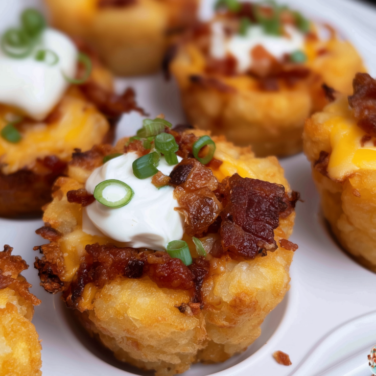 Mini Loaded Tater Tot Cups with cheese, bacon, sour cream, and green onions