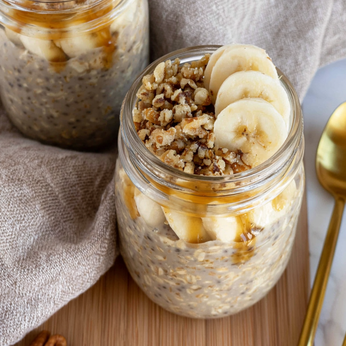 Creamy Maple and Brown Sugar Overnight Oats served in a mason jar with banana slices and cinnamon