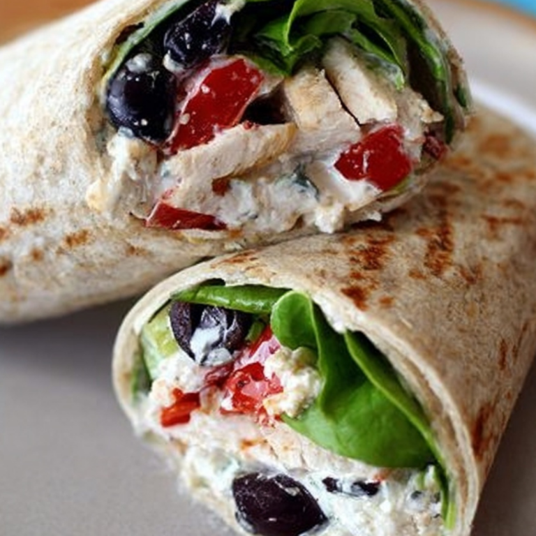Mediterranean Grilled Chicken Wraps with chicken, feta, greens, and Mediterranean filling