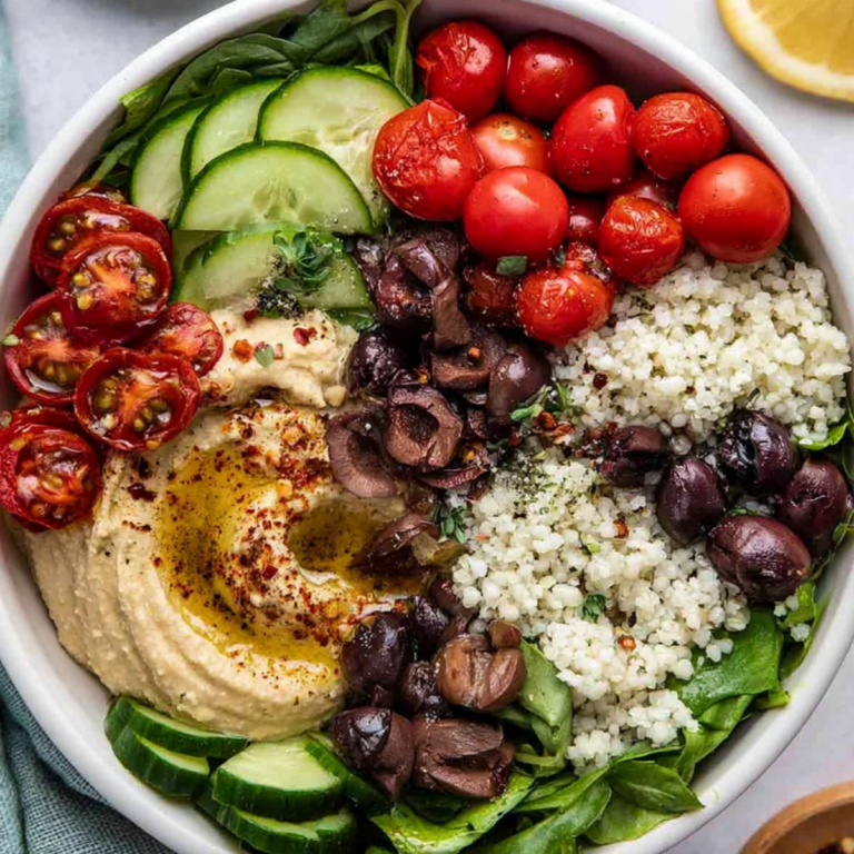 Mediterranean Hummus Bowl with hummus, vegetables, grains, and Mediterranean toppings