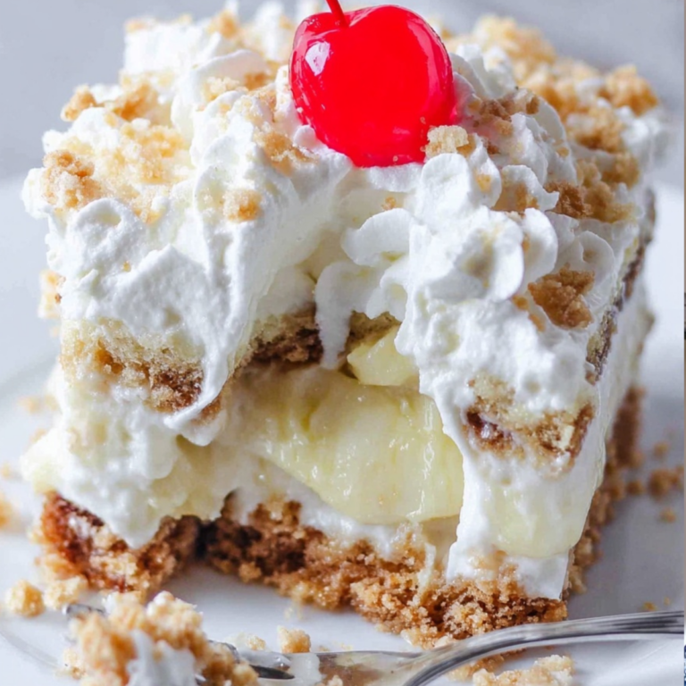 Southern-Style Banana Split Cake with bananas, pineapple, whipped cream, and cherries