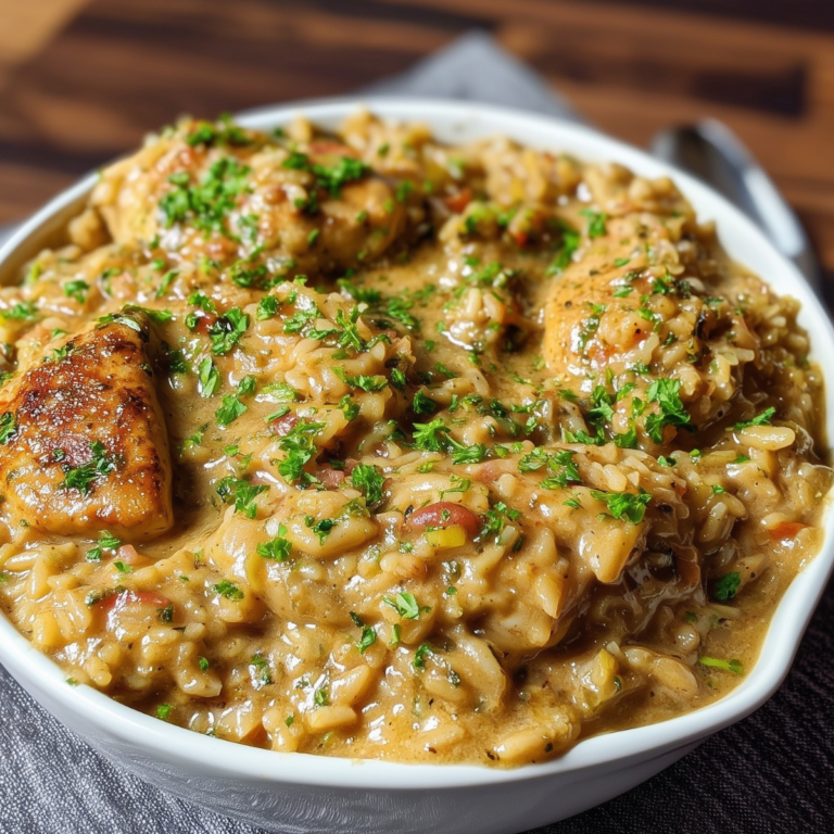 One Pan Smothered Chicken and Rice with creamy rice and tender chicken in a skillet