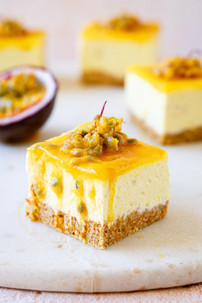 Passionfruit No Bake Cheesecake with creamy filling and passionfruit topping