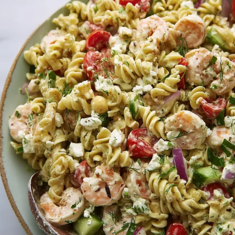 Creamy Shrimp Pasta Salad served in a bowl with tender shrimp, pasta, and fresh vegetables