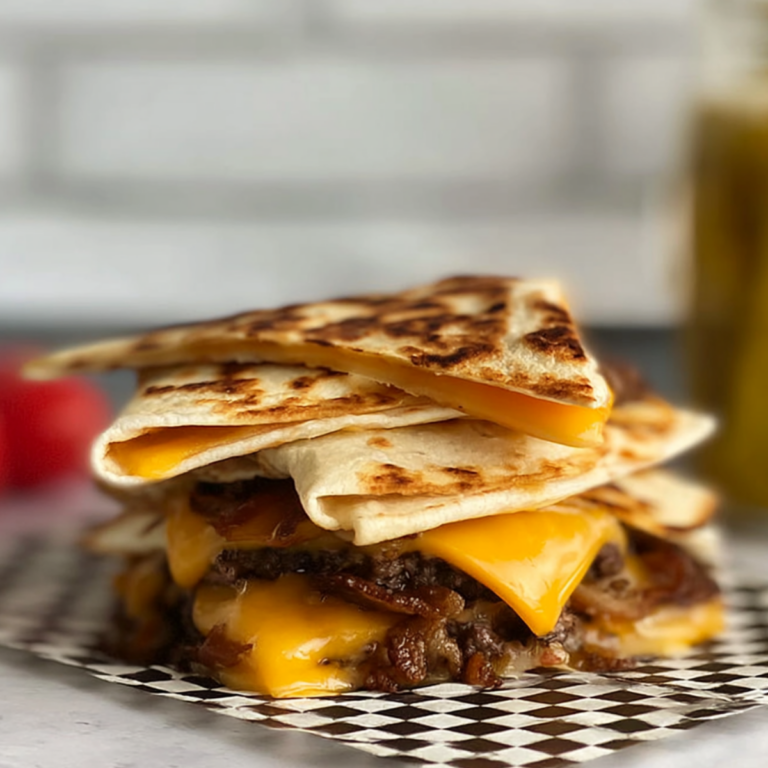 Smash Burger Quesadillas with crispy beef, melted American cheese, and toasted flour tortillas