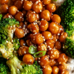 Sticky Chickpeas and Broccoli with sesame sauce served over rice