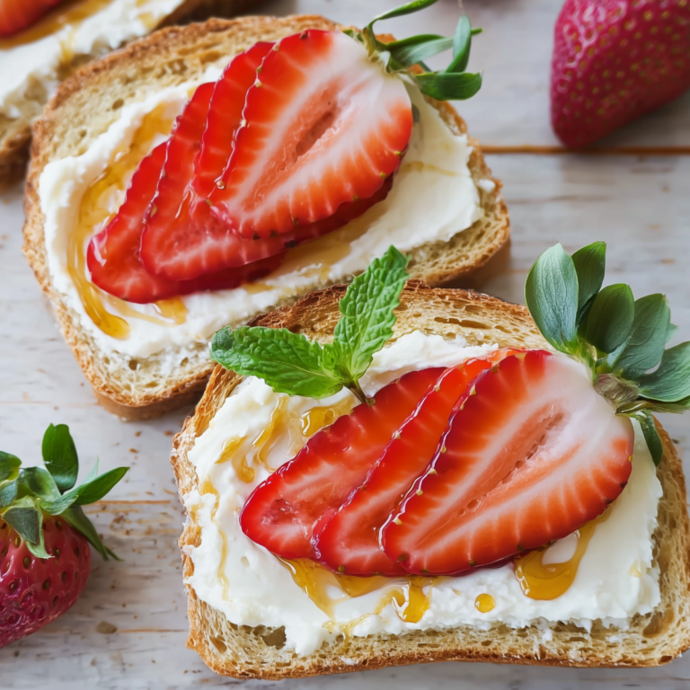 Strawberry Honey and Ricotta Toast topped with fresh strawberries, basil, lemon ricotta, and honey on toasted bread