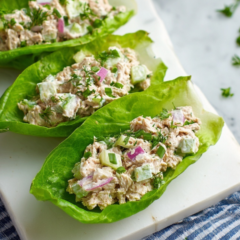 Healthy Tuna Salad Recipe on Lettuce Boats with fresh lettuce cups and creamy tuna filling