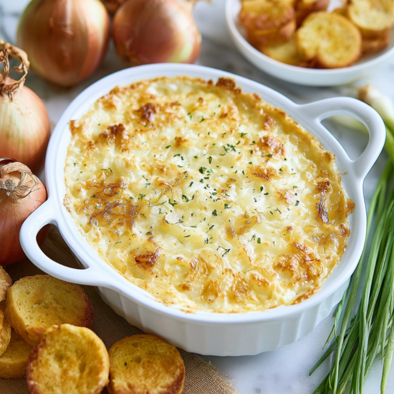 Vidalia Sweet Onion Dip served warm with chips and creamy cheese topping