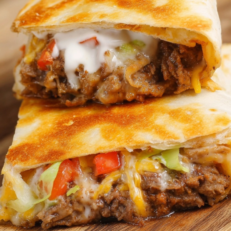 Homemade Cheeseburger Crunch Wrap with seasoned beef, cheddar cheese, lettuce, tomatoes, and crispy toasted tortilla