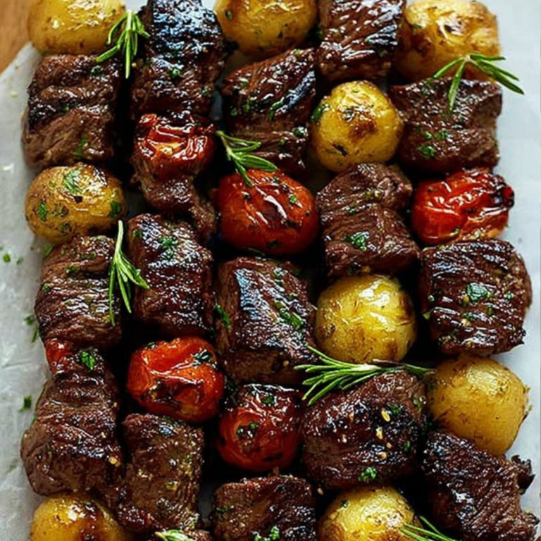 Rosemary steak skewers with garlic and fresh rosemary grilled to perfection