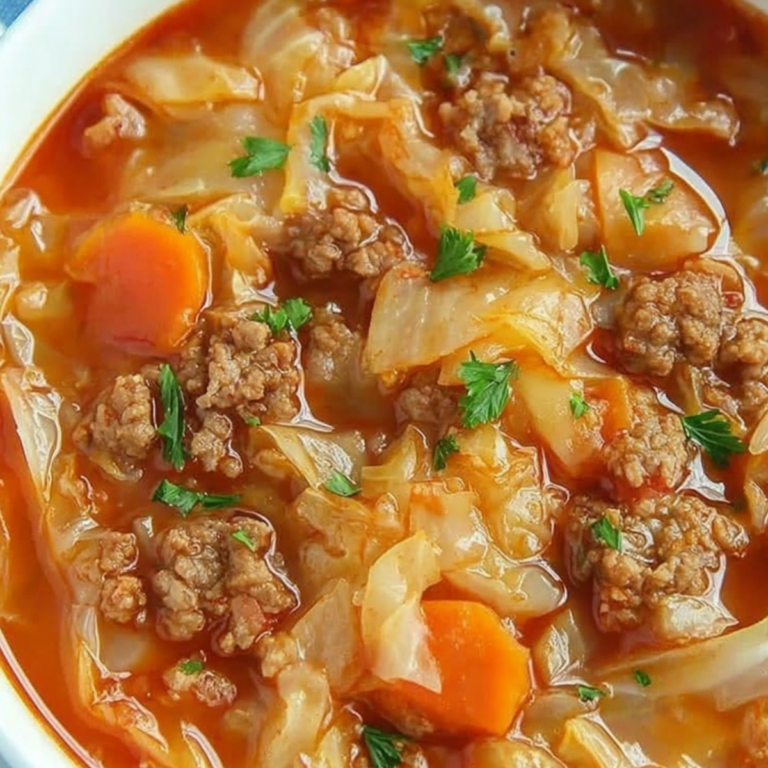 Cabbage Roll Soup with beef, cabbage, rice, and tomato broth