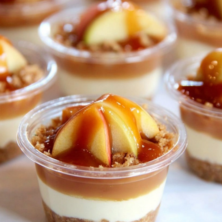 Caramel Apple Cups with caramel mousse, cinnamon apples, and cookie crust layers