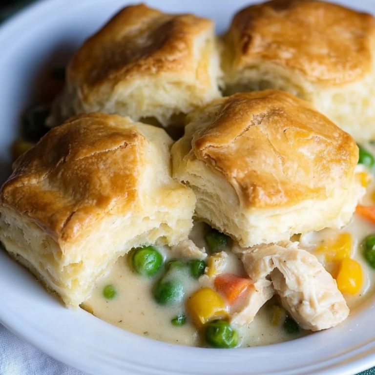 Chicken Pot Pie with Biscuits topped with golden fluffy biscuits and creamy chicken filling