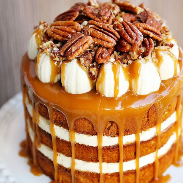 Pumpkin Salted Caramel Cake with cream cheese frosting and caramel drizzle