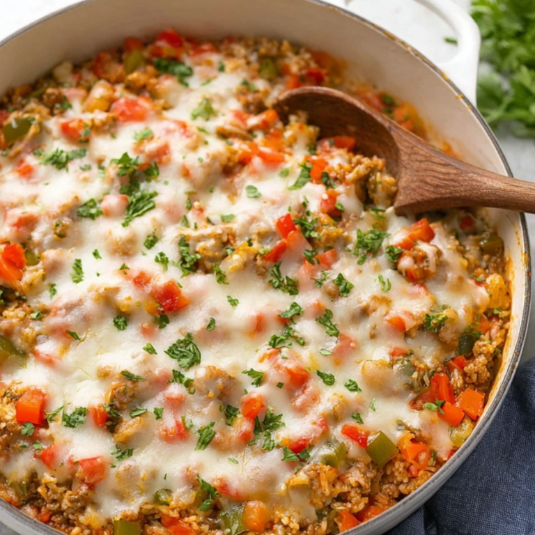 Stuffed Pepper Casserole with sausage, rice, bell peppers, and melted cheese